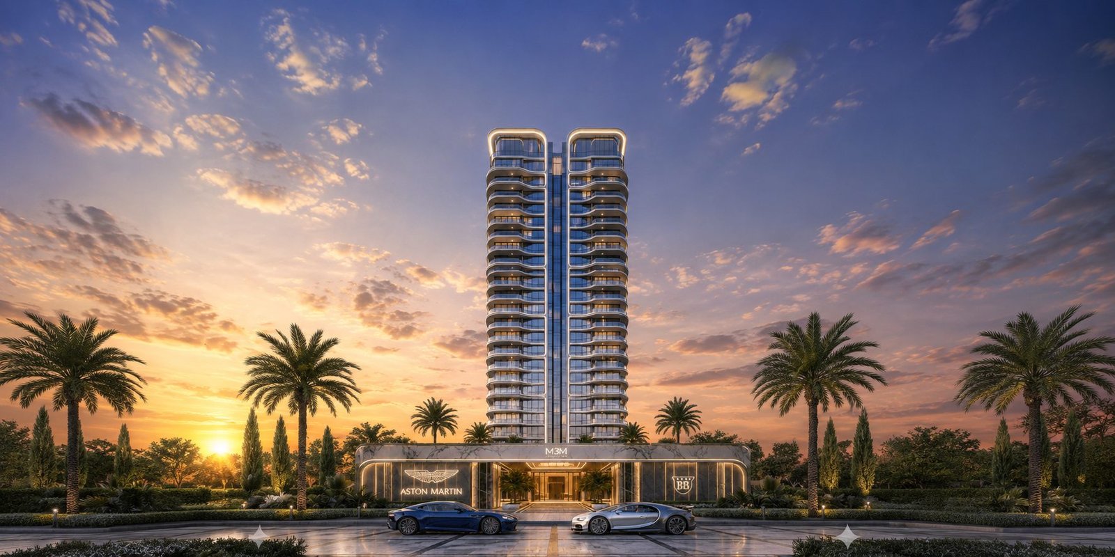 M3M BRABUS twin towers and arrival court at dusk — artist's impression