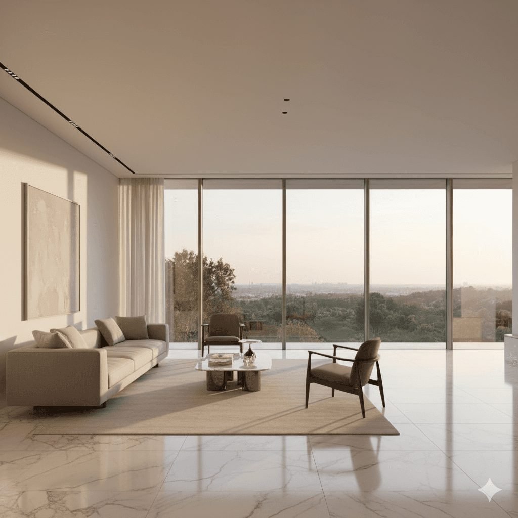 Living room with floor-to-ceiling glass — artist's impression